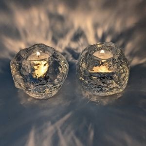 Kosta Boda 4” Ice Snowball Glass Votive Tea Light Candle Holder Set of 2 Signed